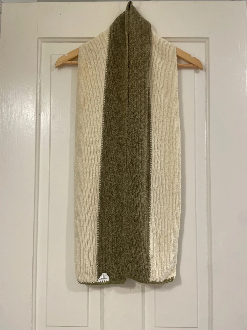 Knit Olive and Cream Striped Chenille Scarf